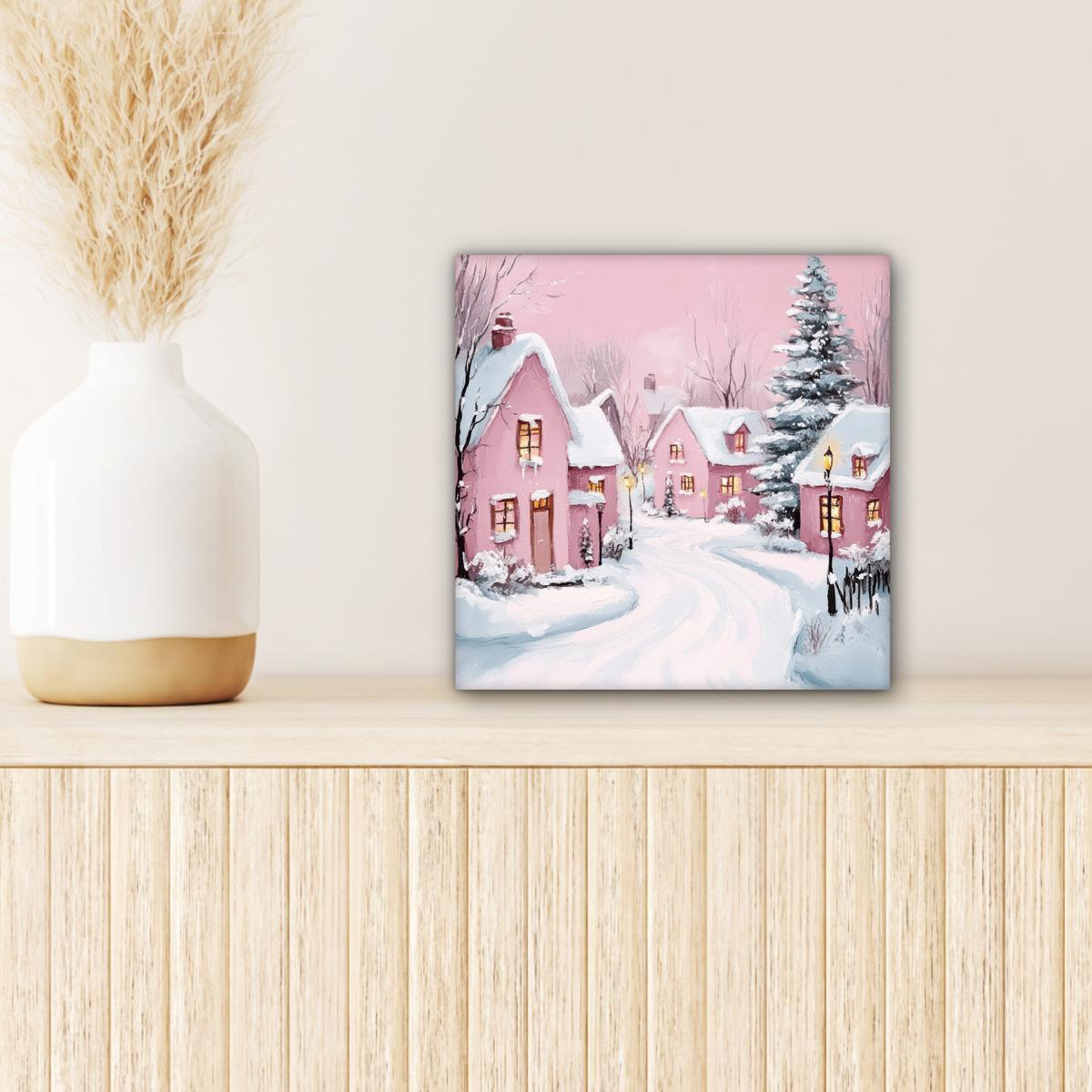 LEINWANDBILD Weihnachtsdorf - Rosa - Winter - Schnee - Häuser Deko Wohnzimmer 20x20 cm - Altrosa, Textil (20/20cm) - MuchoWow
