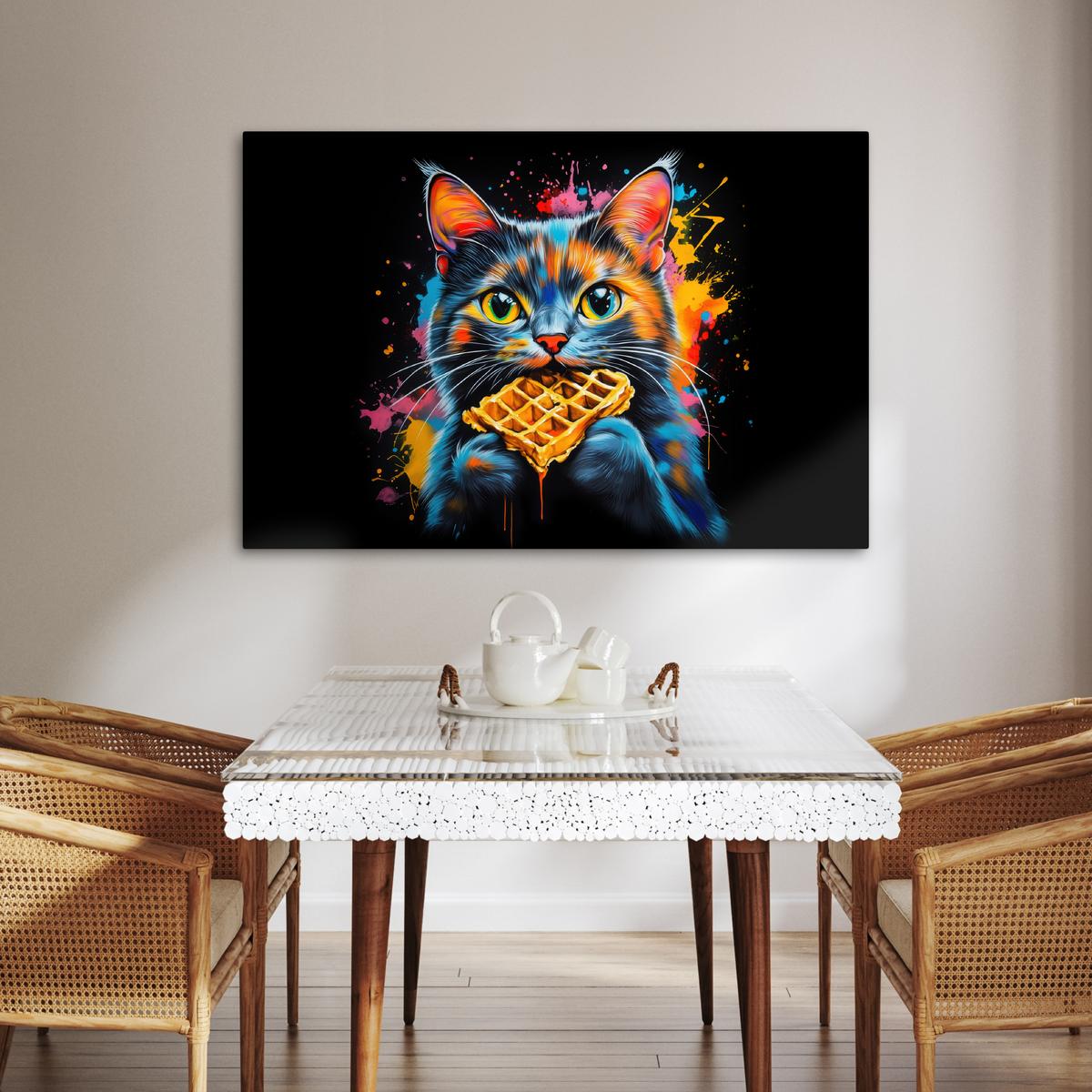 LEINWANDBILD Katze - Graffiti - Bunt - Waffel - Essen Wohnzimmer Groß 120x80 cm - Türkis, Textil (120/80cm) - MuchoWow
