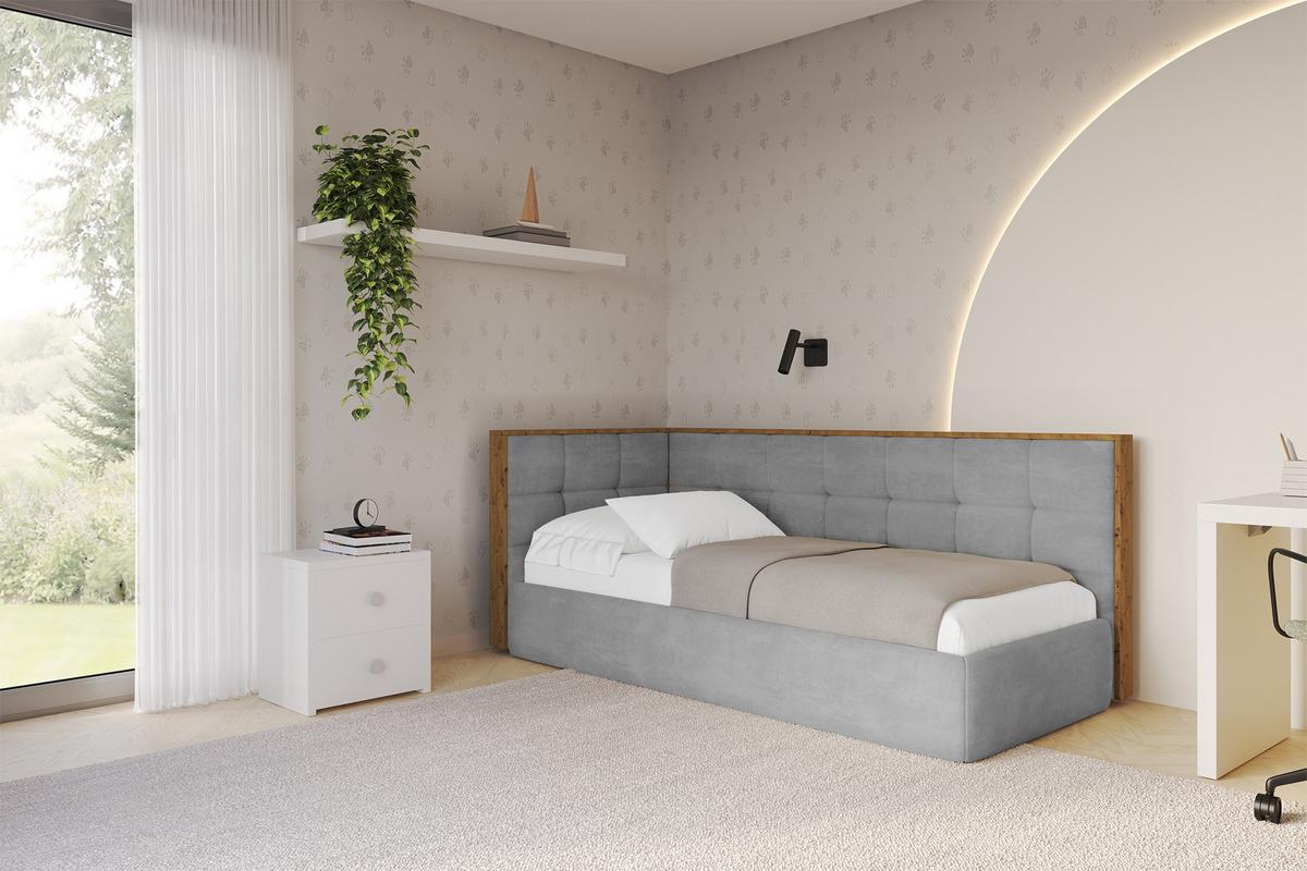 EINZELLBETT Jugendbett mit Bettkasten, Rechts - SOVY 90x200 Grau - Silberfarben, Holzwerkstoff/Textil (90/200cm) - ALTDECOR