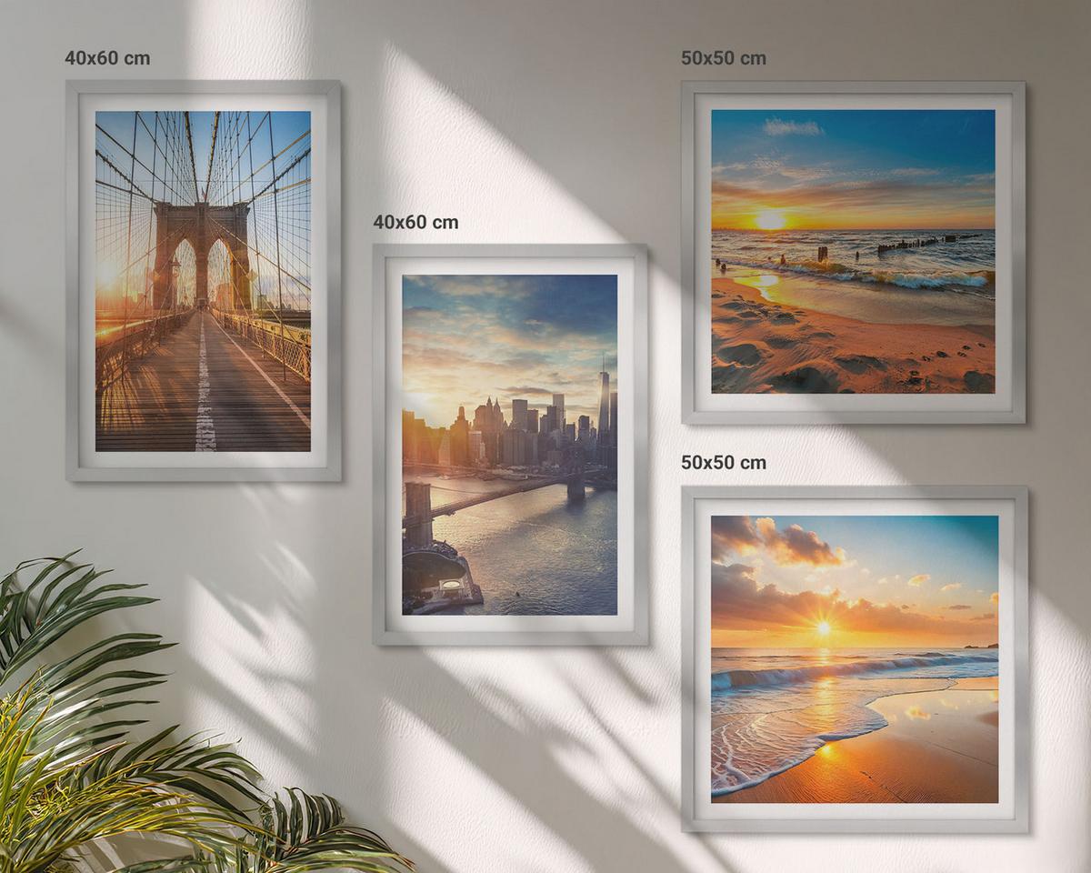 BILDER SET 4er Set - 50x50 cm & 40x60 cm Silberner Rahmen - Brücken, Sonnenuntergänge, Stadt - Silberfarben, Kunststoff (50/50cm) - TULUP