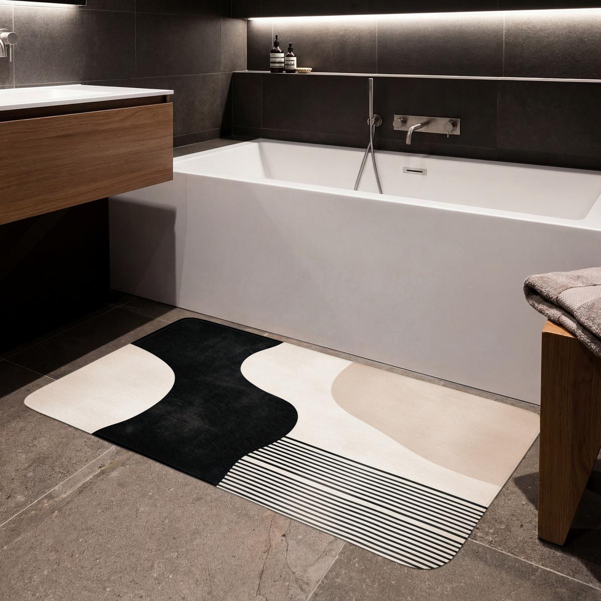 BADEMATTE Abstrakt - Japandi - Beige - Modern 120x60 cm - Beige/Schwarz, Textil (120/60cm) - OnlyWow
