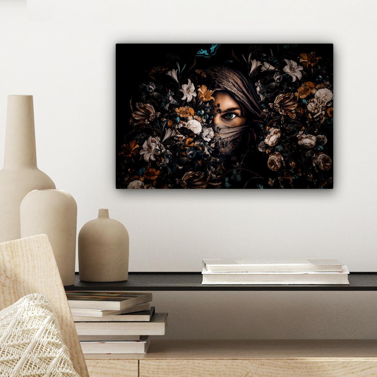 LEINWANDBILD Frau - Luxus - Blumen - Schmetterling - Porträt Deko Schlafzimmer 30x20 cm - Schwarz, Textil (30/20cm) - MuchoWow