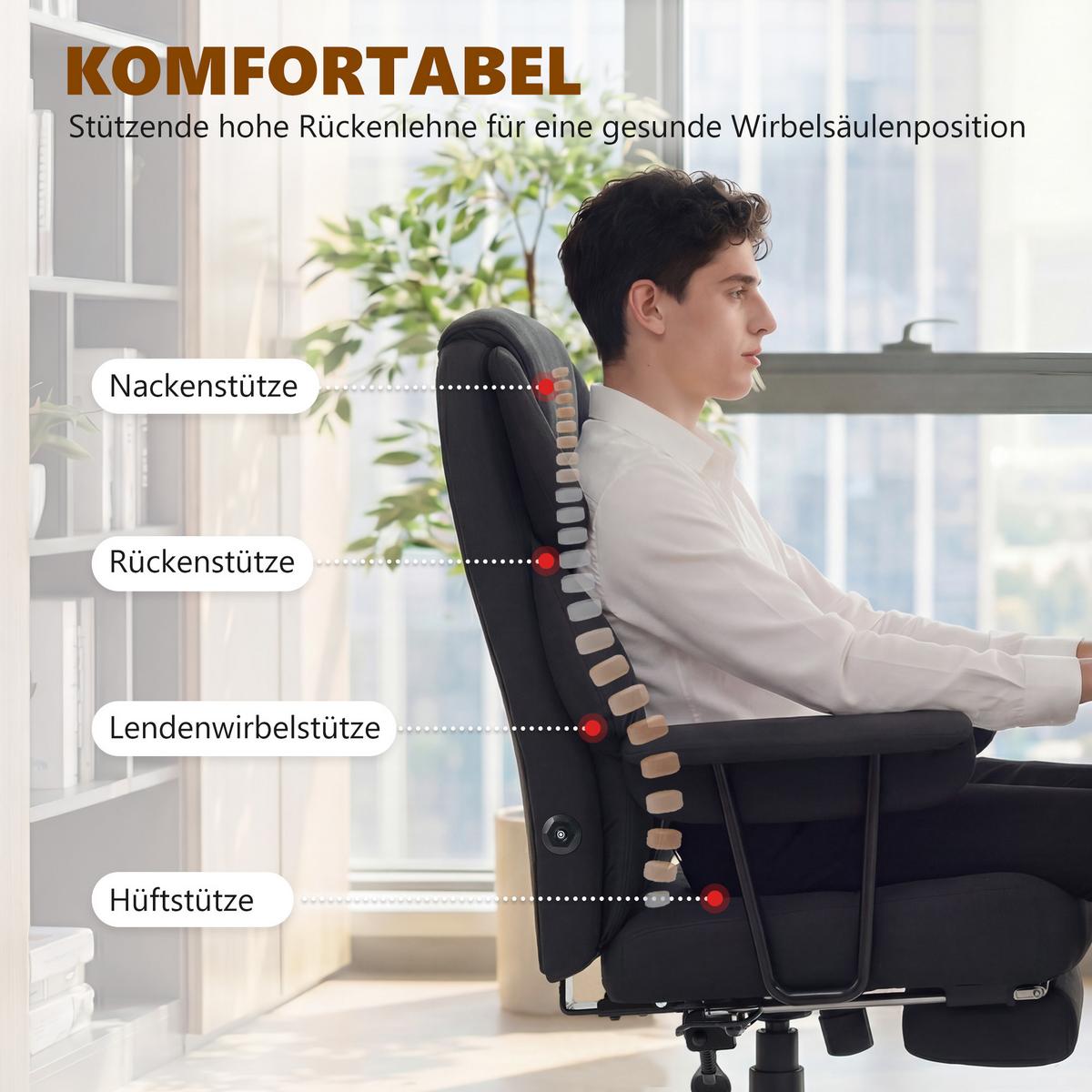 BÜROSTUHL mit Massagefunktion Schwarz - Schwarz, Textil (72/122.5/77cm) - HOMCOM