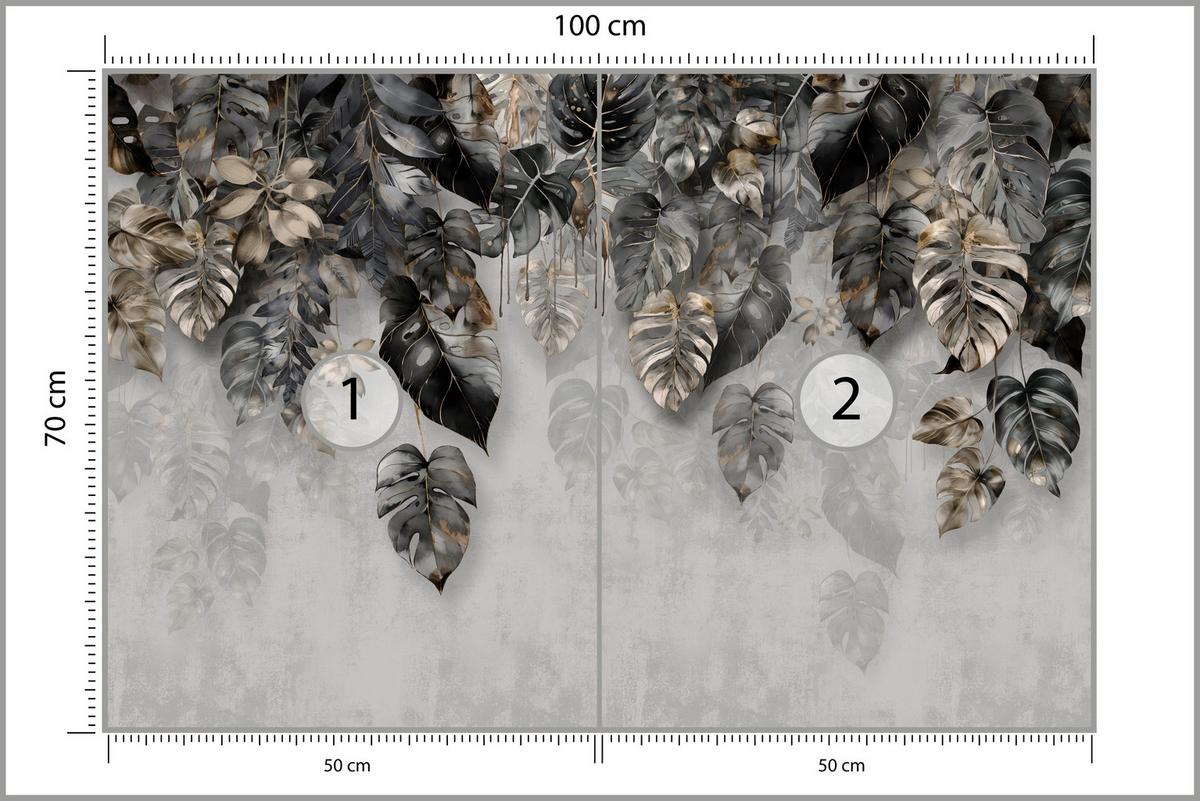 FOTOTAPETE für Wohnzimme Tropenblätter Beton Monstera 100x70 - Gelb/Schwarz, Papier (100/70cm) - Muralo