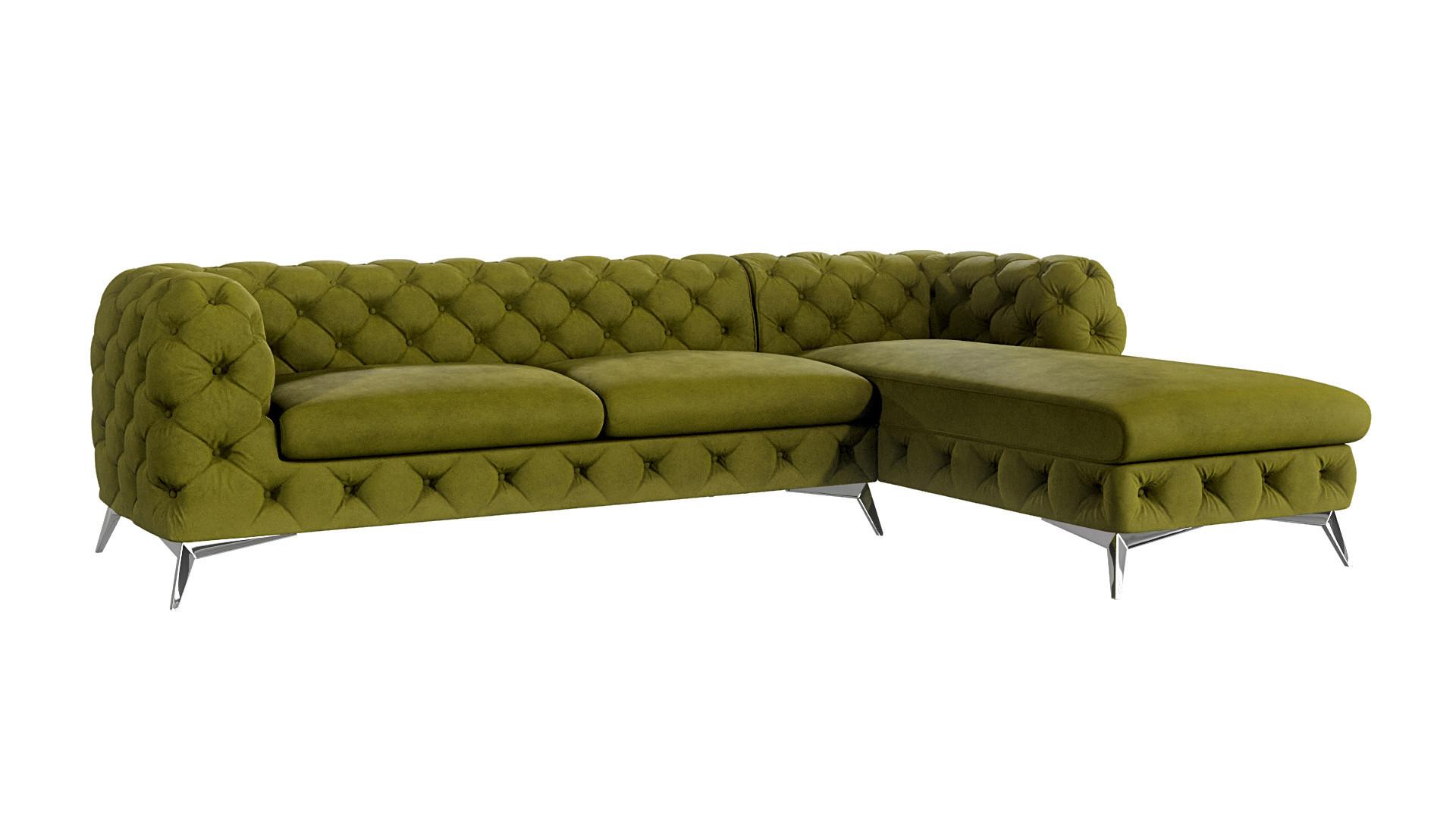 ECKSOFA Chesterfield Laura Olive Samt - Silberfarben/Olivgrün, Holz/Textil (305/200cm) - S-Style Möbel
