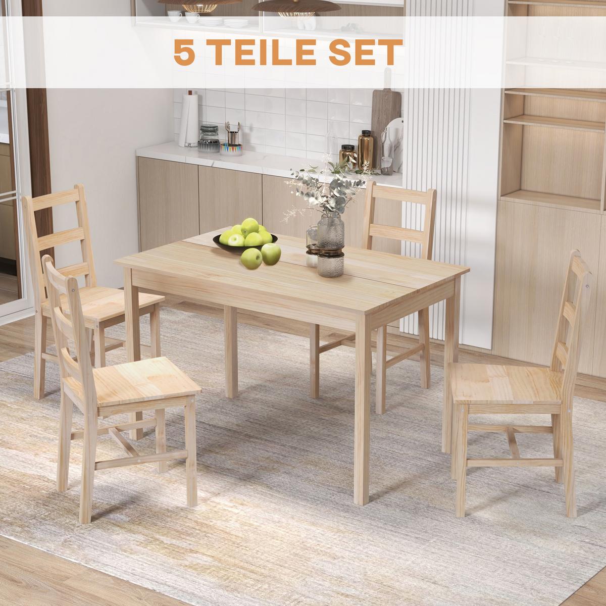 5-TLG. Essgruppe, Esstisch mit 4 Stühlen, platzsparend Esszimmergruppe, Natur - Naturfarben, Holz (73/75/118cm) - HOMCOM
