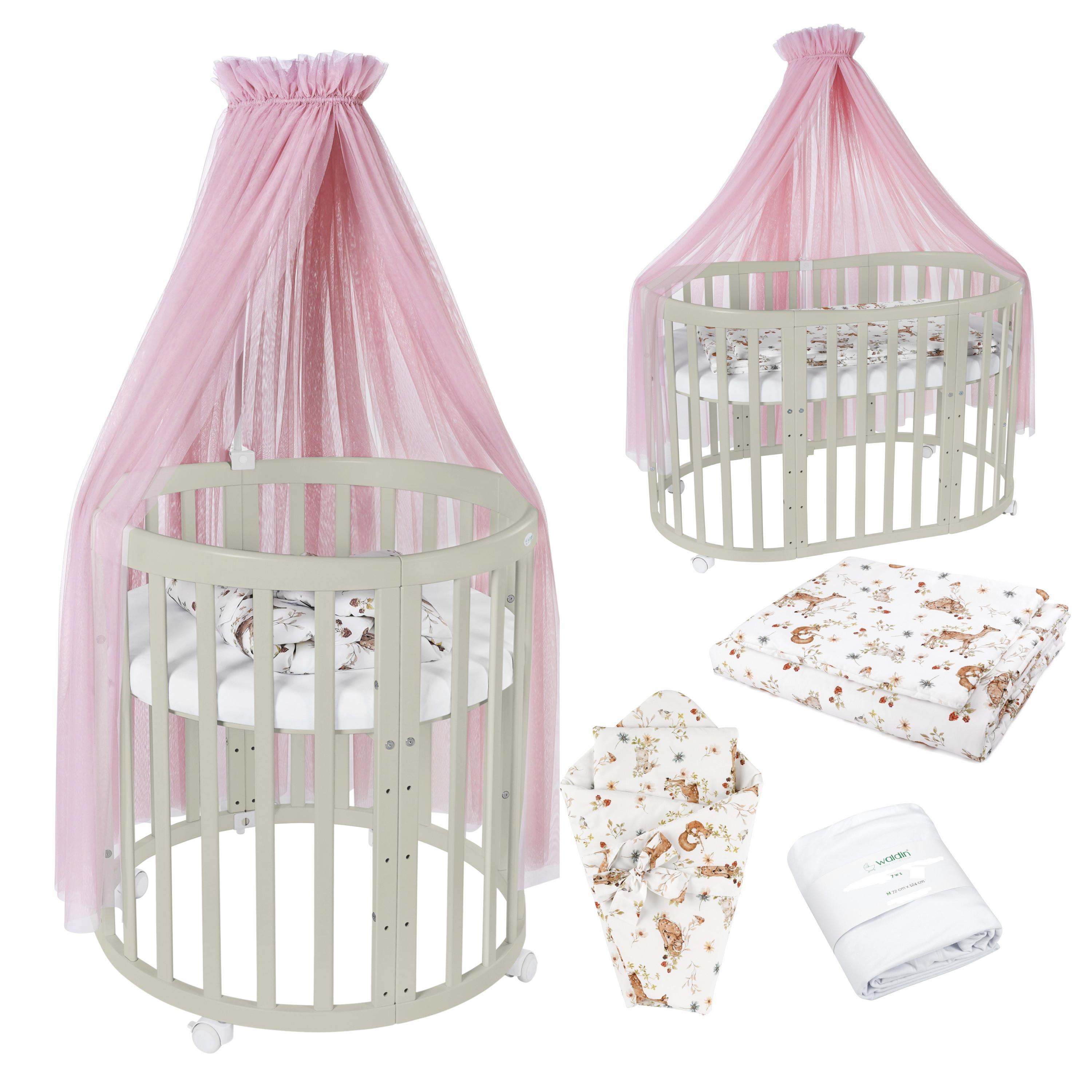 BABYBETT OLIVE OVAL 7in1 mit Matratze und Himmelset - Olivgrün/Rosa, Holz/Textil (73/125cm) - waldin