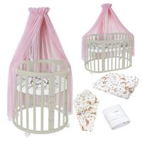 BABYBETT OLIVE OVAL 7in1 mit Matratze und Himmelset - Olivgrün/Rosa, Holz/Textil (73/125cm) - waldin