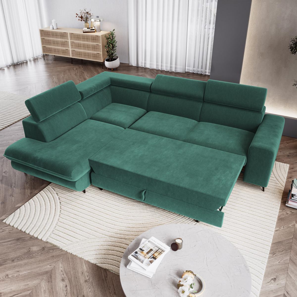 ECKSOFA VELISS Blau Veloursstoff mit Schlaffunktion - Blau, Holz (255/193cm) - MASSENO