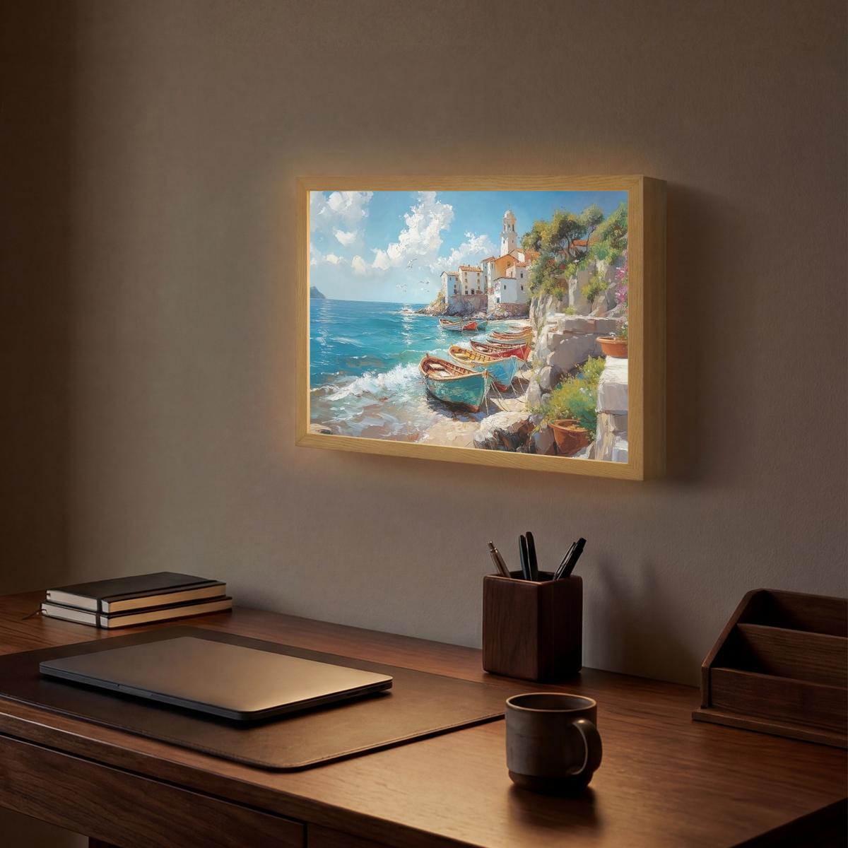 WANDLEUCHTE MIT AKKU Boote - Felsen - Meer - Sonne 40x30 cm - Blau, Holzwerkstoff (40/30/8cm) - OnlyWow