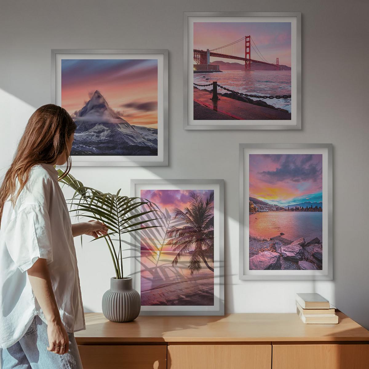 BILDER SET 4er Set - 50x50 cm & 40x60 cm Silberner Rahmen - Sonnenuntergangsbrücke Landschaft - Silberfarben, Kunststoff (50/50cm) - TULUP