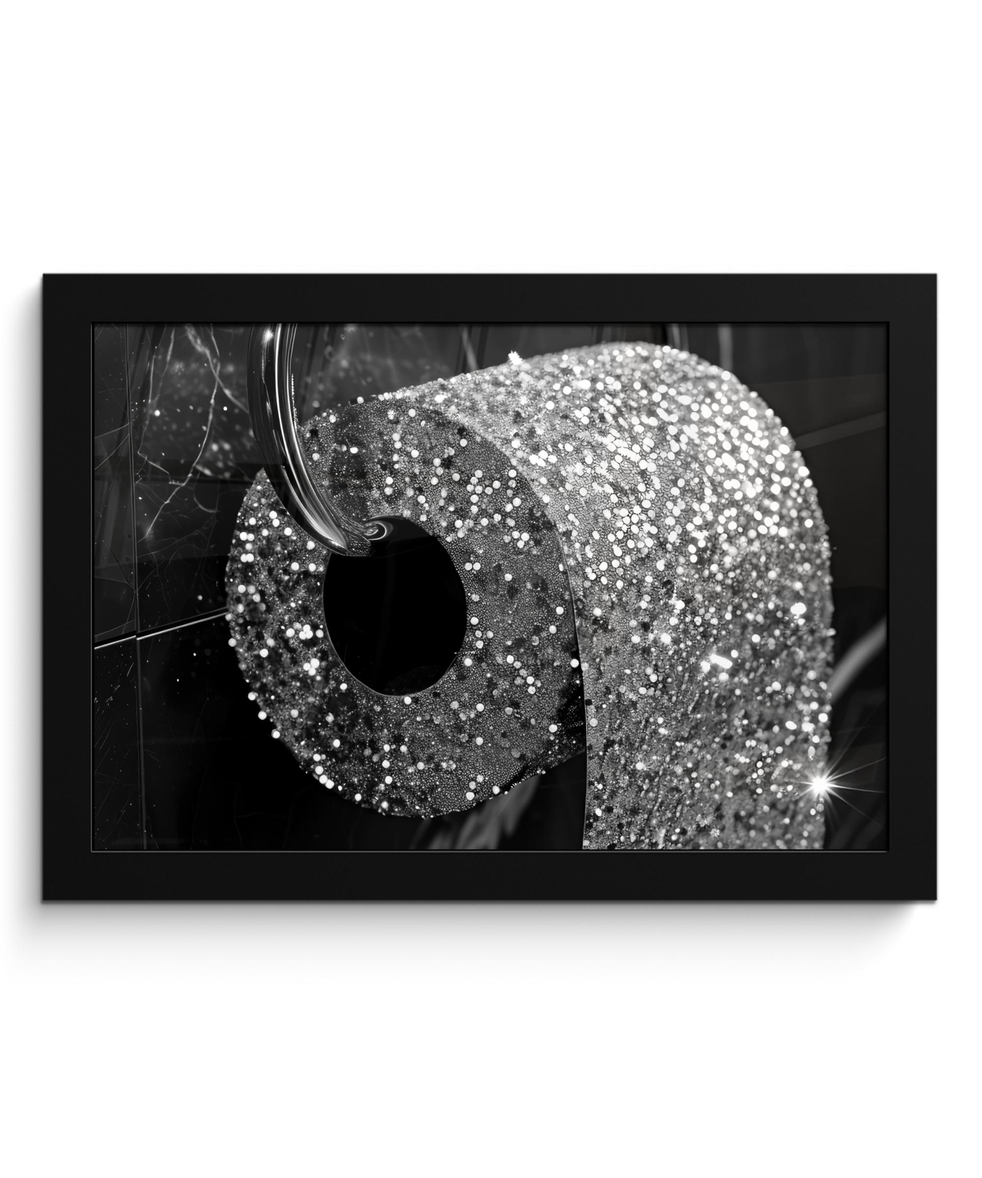 POSTER MIT RAHMEN WC - Toilettenpapier - Schwarz und weiß - Glitter 30x20 cm - Silberfarben, Papier (30/20cm) - MuchoWow