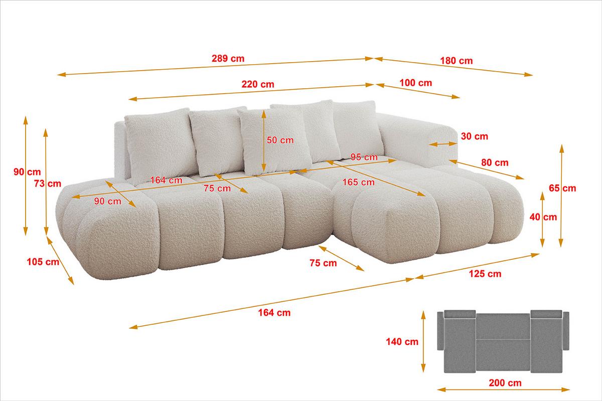 ECKSOFA Ottomane Rechts CLOUD-L-v1 280x185x90 Weiß Bouclé - Weiß, Holzwerkstoff/Kunststoff (185/280cm) - ALTDECOR