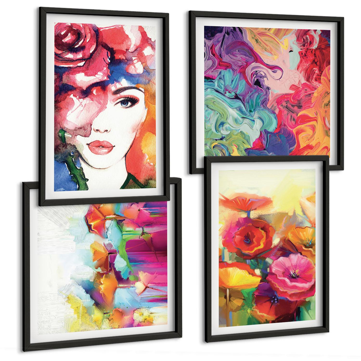 BILDER SET 4er Set - 50x50 cm & 40x60 cm Schwarzer Rahmen - Porträt von Blumen in intensiven Farben - Schwarz, Kunststoff (50/50cm) - TULUP