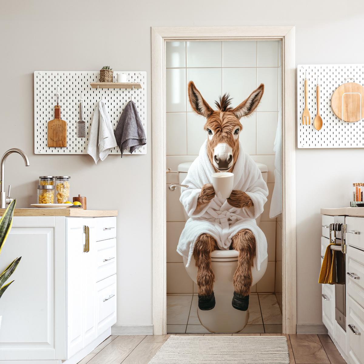 TÜRAUFKLEBER Esel - WC - Lustig - Bademantel - Tier 90x215 cm - Türtapete - Beige, Kunststoff (90/0.1cm) - MuchoWow