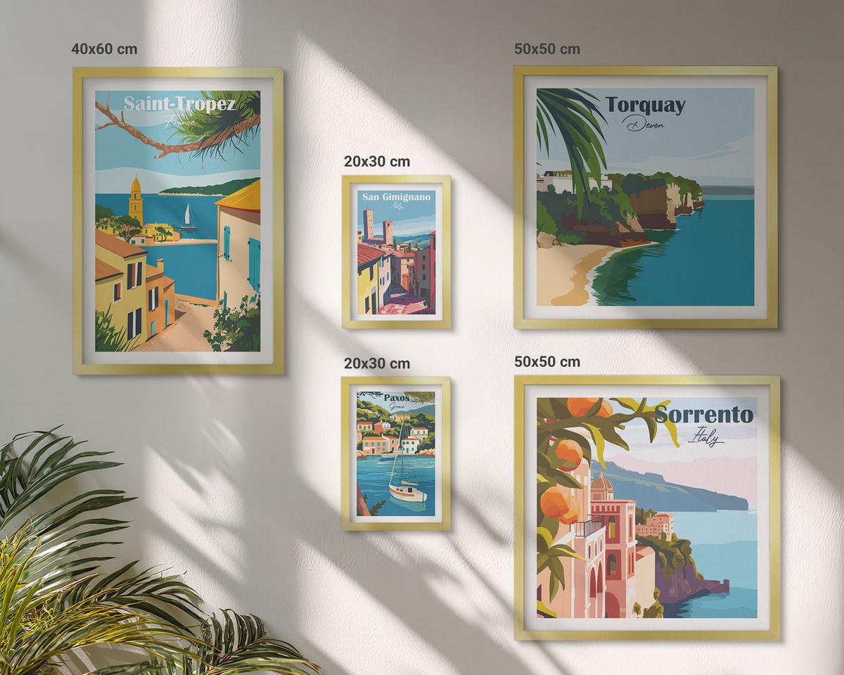 BILDER SET 5er Set - 50x50 cm & 20x30 cm & 40x60 cm Goldrahmen - Retro-Illustrationen von Weltstädten - Goldfarben, Kunststoff (40/60cm) - TULUP