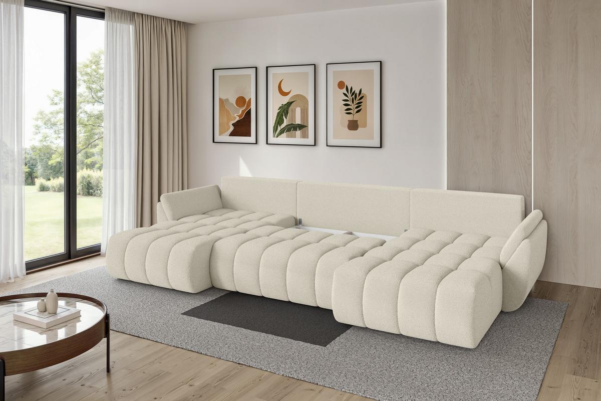 WOHNLANDSCHAFT mit Schlaffunktion und Bettkasten TOKO-U-v1 378x194x86 Beige Bouclé - Sandfarben/Beige, Holzwerkstoff/Kunststoff (378/86/194cm) - ALTDECOR