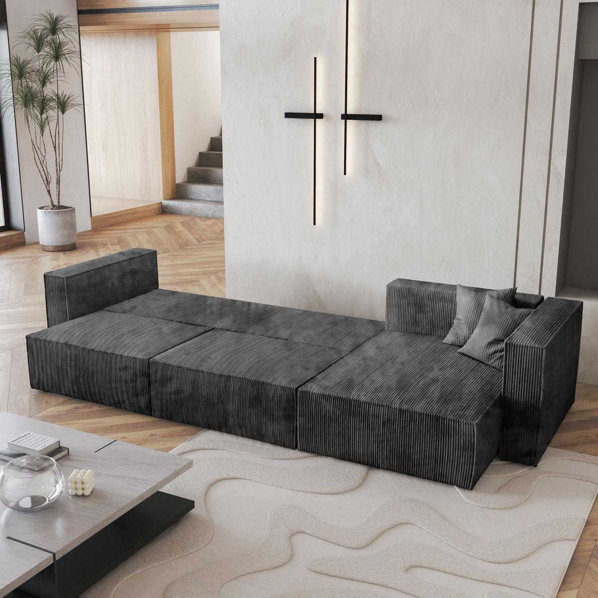 ECKSOFA TOLMO P Graphitfarben Kordstoff mit Schlaffunktion - Graphitfarben/Grau, Holz/Kunststoff (347/148cm) - MASSENO