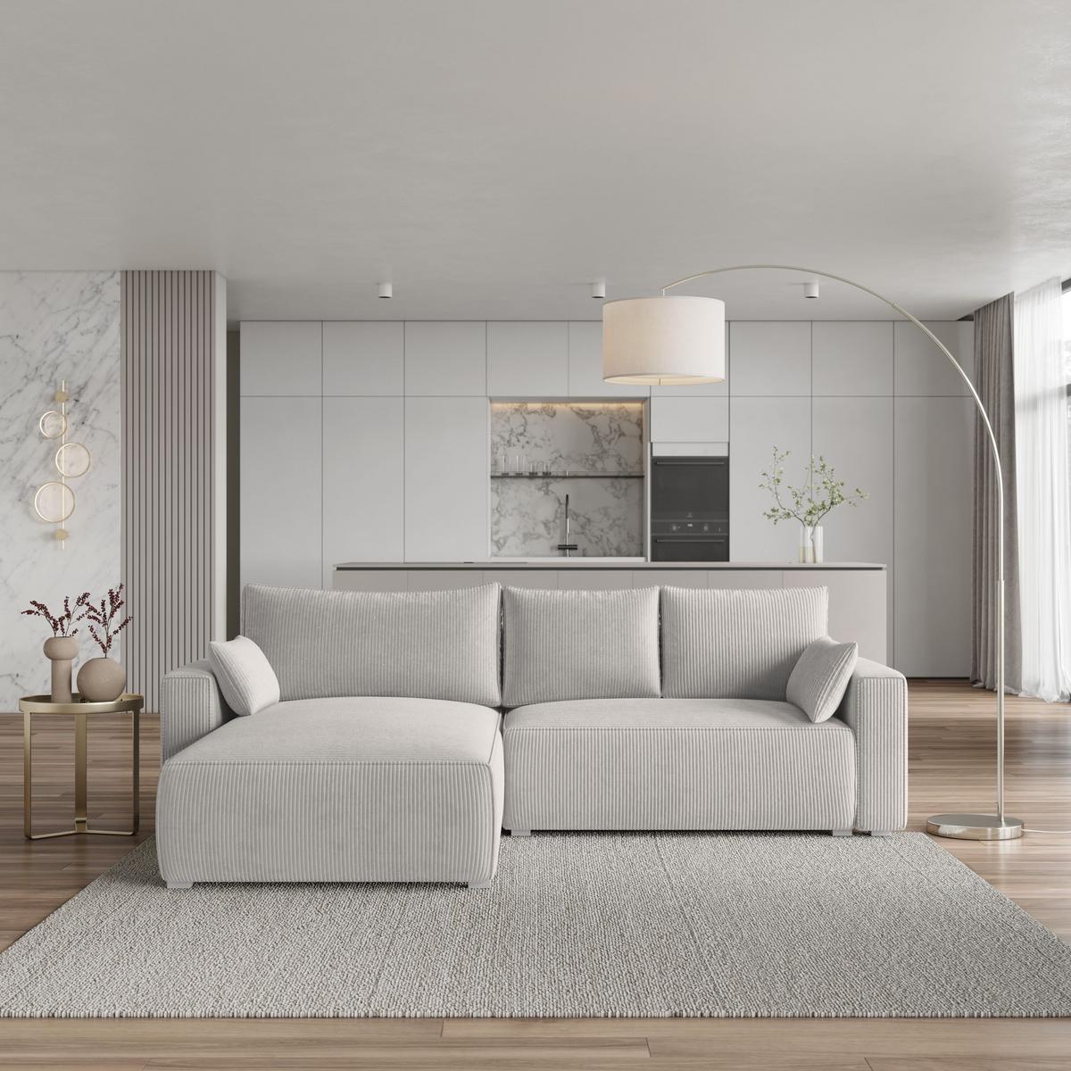 ECKSOFA FORIL P Creme Kordstoff mit Schlaffunktion - Creme/Grau, Holz/Kunststoff (265/178cm) - MASSENO