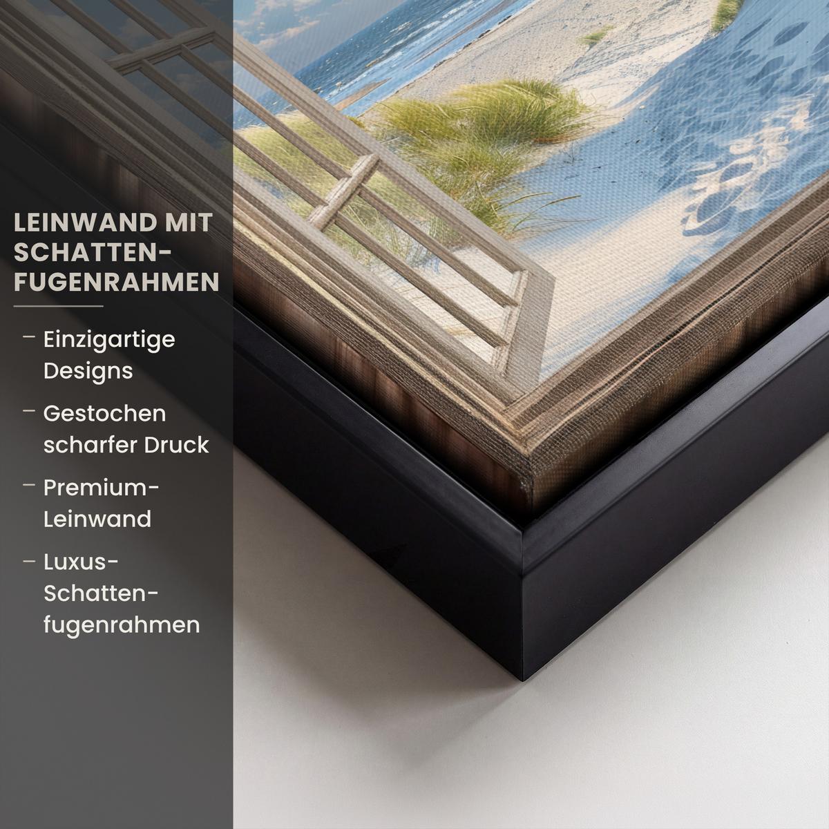 LEINWAND Bilder mit Rahmen - Aussicht - Strand - Fenster - Dünen - Meer - 20x20 - Hellblau, Textil (20/20cm) - MuchoWow