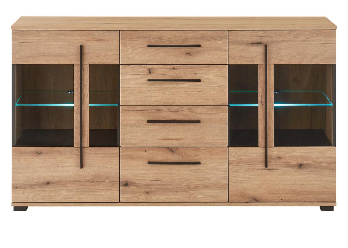 SIDEBOARD Eiche Evoke, Kommode 150 cm mit Soft-Close - Eichefarben/Schwarz, Glas/Holzwerkstoff (150/86/42cm) - Furn.Design