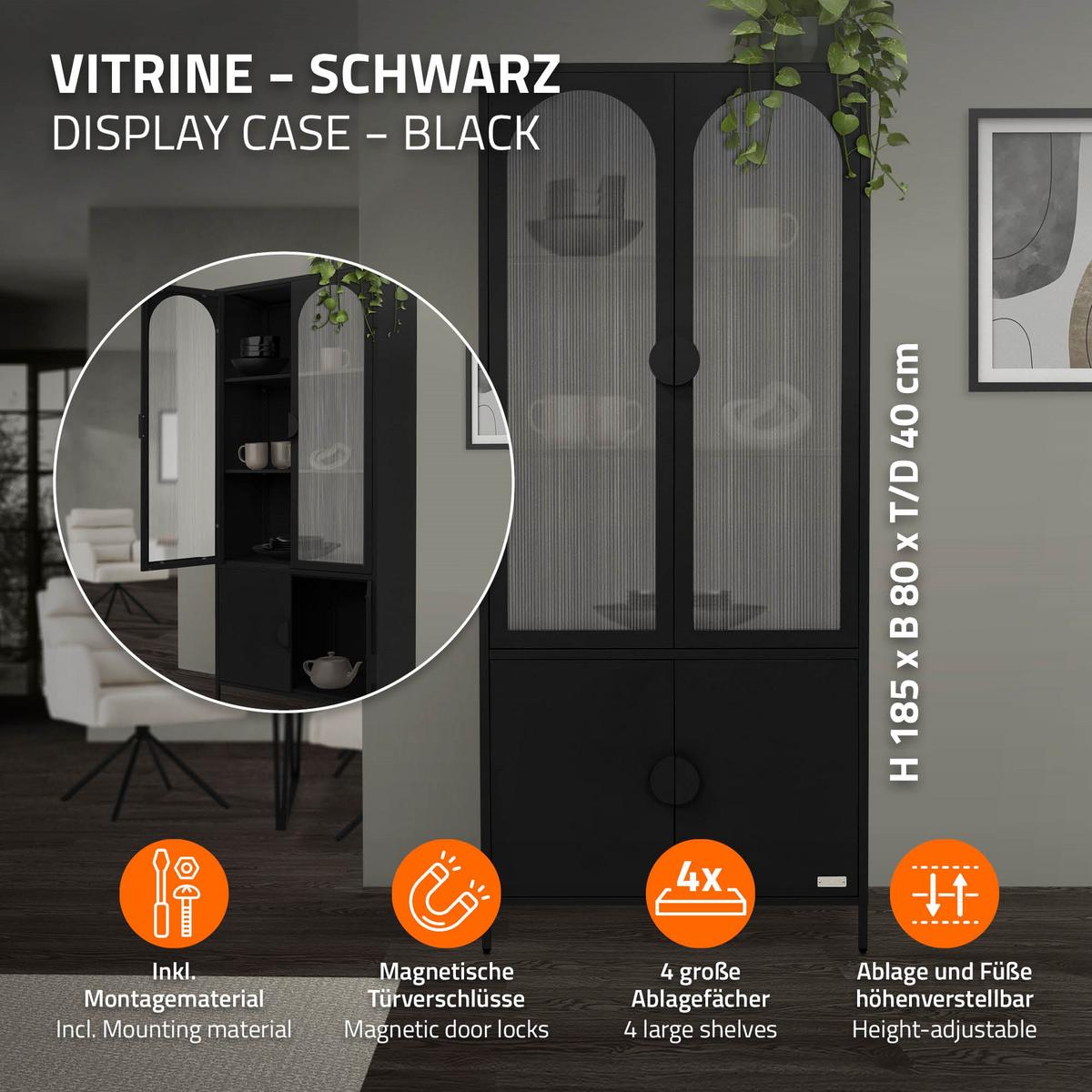 VITRINENSCHRANK 80x185x40 cm Schwarz aus Stahl mit 4 Türen - Schwarz, Metall (80/185/40cm) - ML-DESIGN