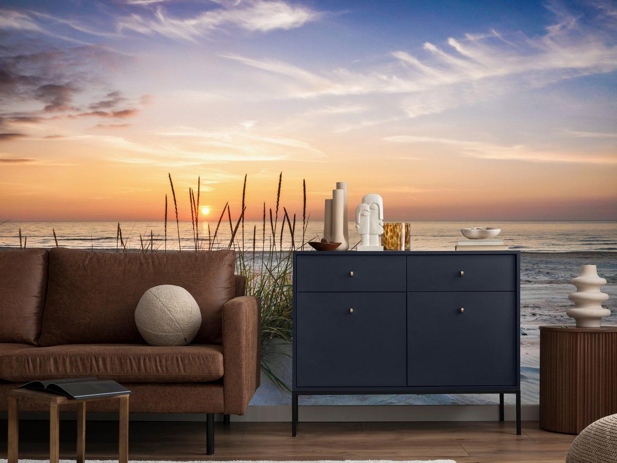 FOTOTAPETE Meer STRAND Dünen Sonnenuntergang Landschaft 3D 350x256cm - Beige/Violett, Papier (350/256cm) - Muralo