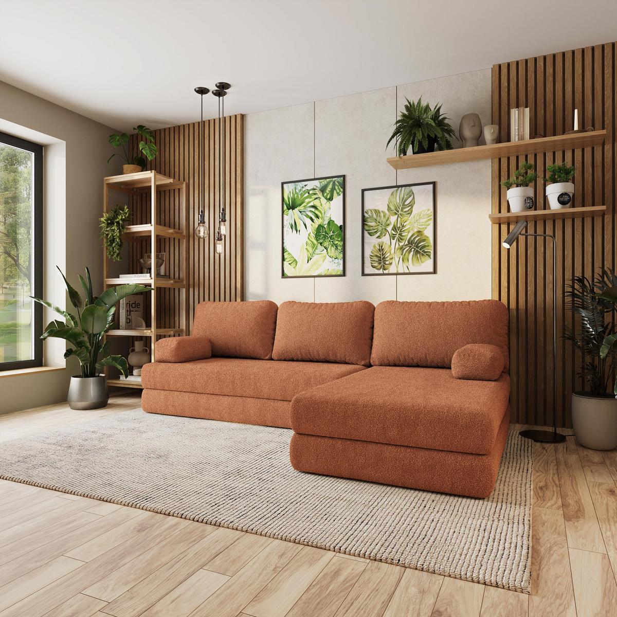 ECKSOFA LEA modulares Boneless Sofa mit Schlaffunktion Orange Boucle-Stoff - Orange, Textil (270/160cm) - MASSENO