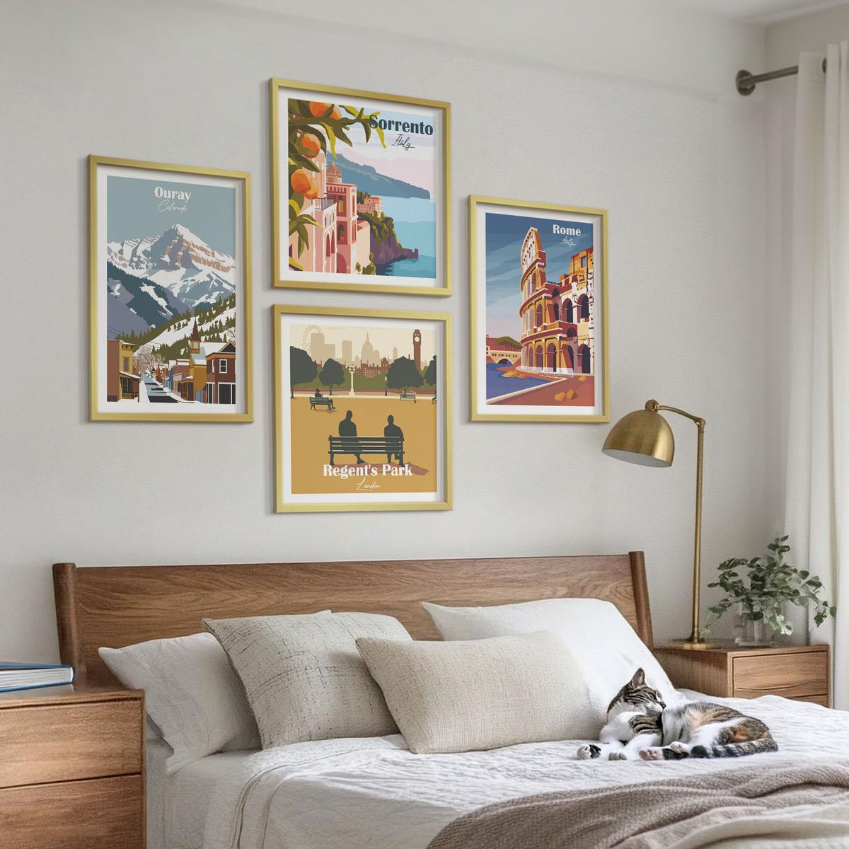 BILDER SET 4er Set - 50x50 cm & 40x60 cm Goldrahmen - Retro-Illustrationen berühmter Orte - Goldfarben, Kunststoff (50/50cm) - TULUP