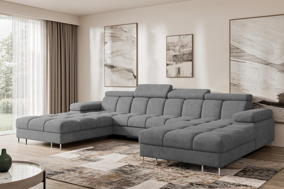 WOHNLANDSCHAFT mit Schlaffunktion und Bettkasten COMA U2 345x203x79 Grau Velours - Grau, Holzwerkstoff/Textil (345/79/203cm) - ALTDECOR