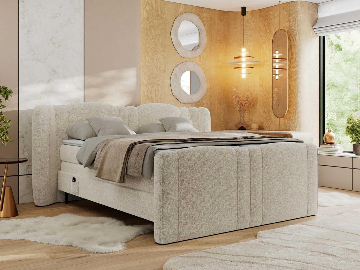 BOXSPRINGBETT FORTINA 140/200 - Creme Stukture - Topper T25 - H3 - Creme/Schwarz, Textil/Metall (140/200cm) - MKS