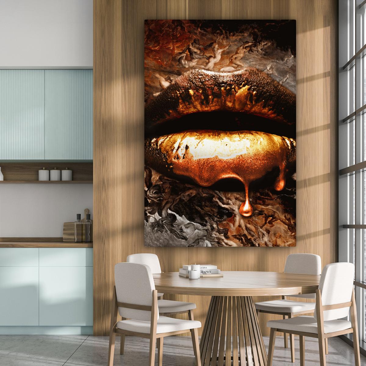 LEINWANDBILD Gold - Lippen - Kunst - Gold - Luxus - Abstrakt Deko Groß 90x140 cm - Kupferfarben, Textil (90/140cm) - MuchoWow