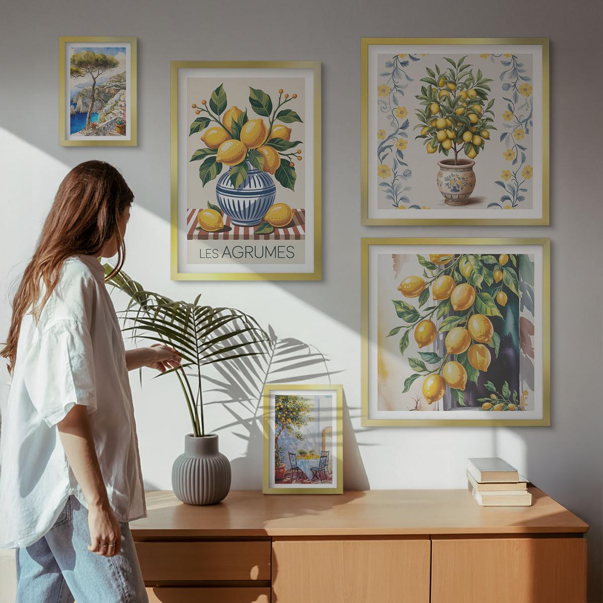 BILDER SET 5er Set - 50x50 cm & 20x30 cm & 40x60 cm Goldrahmen - Zitronenbäume am Meer - Goldfarben, Kunststoff (40/60cm) - TULUP