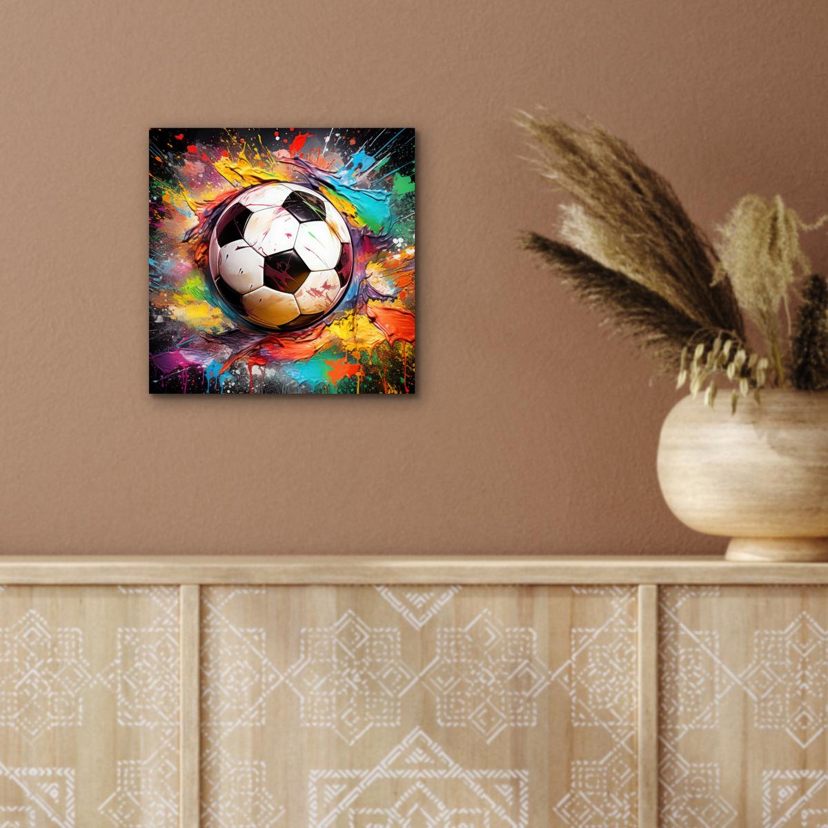 METALLBILD Fußball - Farbe - Farben - Schwarz - Weiß 20x20 cm - Weiß, Metall (20/20cm) - MuchoWow