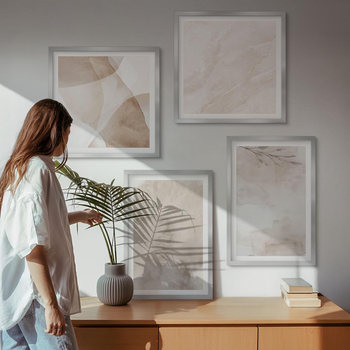 BILDER SET 4er Set - 50x50 cm & 40x60 cm Silberner Rahmen - Aquarellfarben, Boho-Texturen - Silberfarben, Kunststoff (50/50cm) - TULUP