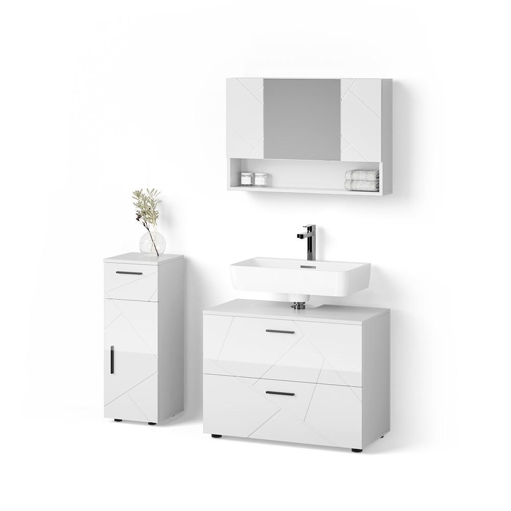 BADMÖBEL-SET Ronco Weiß Hochglanz 3 Teile, mit Schubladenschrank und Midischrank - Weiß Hochglanz, Holzwerkstoff (41/80/58cm) - Livinity®
