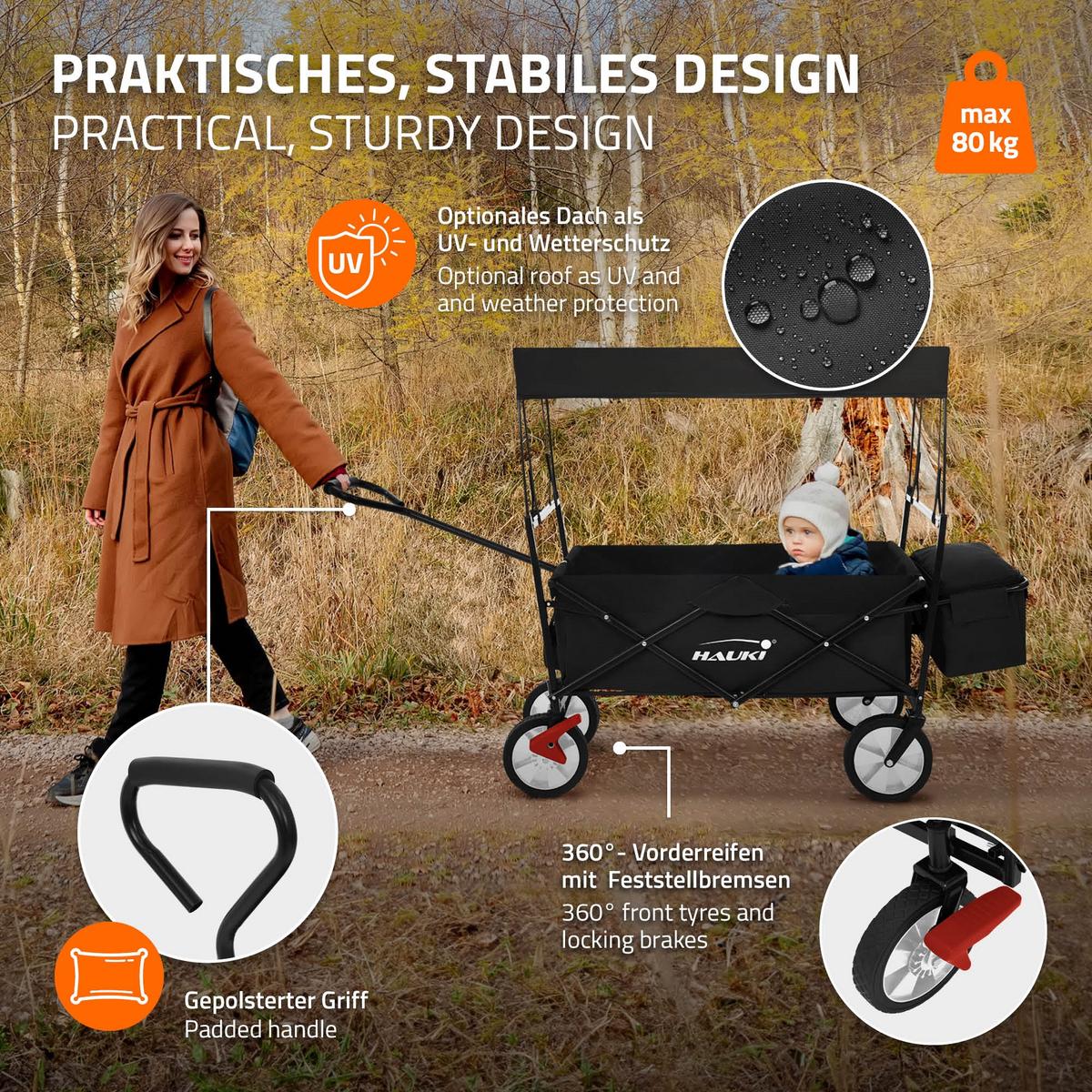 BOLLERWAGEN faltbar mit Dach L Schwarz Handwagen für Kinder Strand Picknick - Schwarz, Metall (53/104/170cm) - Hauki