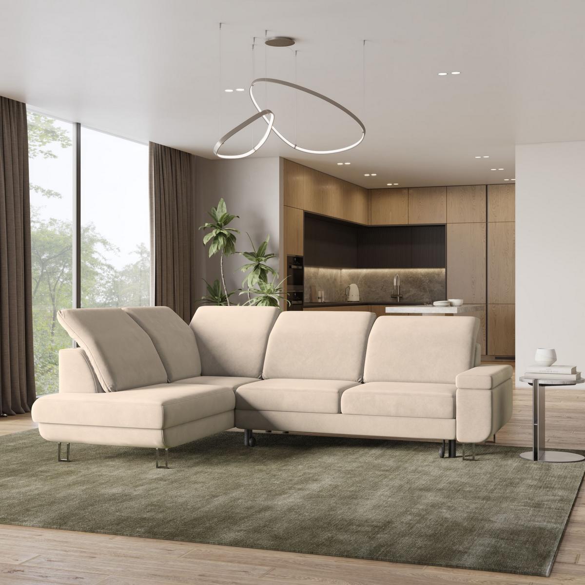 ECKSOFA LERMA L-S Creme Velours-Stoff mit Schlaffunktion - Silberfarben/Creme, Holz/Textil (253/190cm) - MASSENO