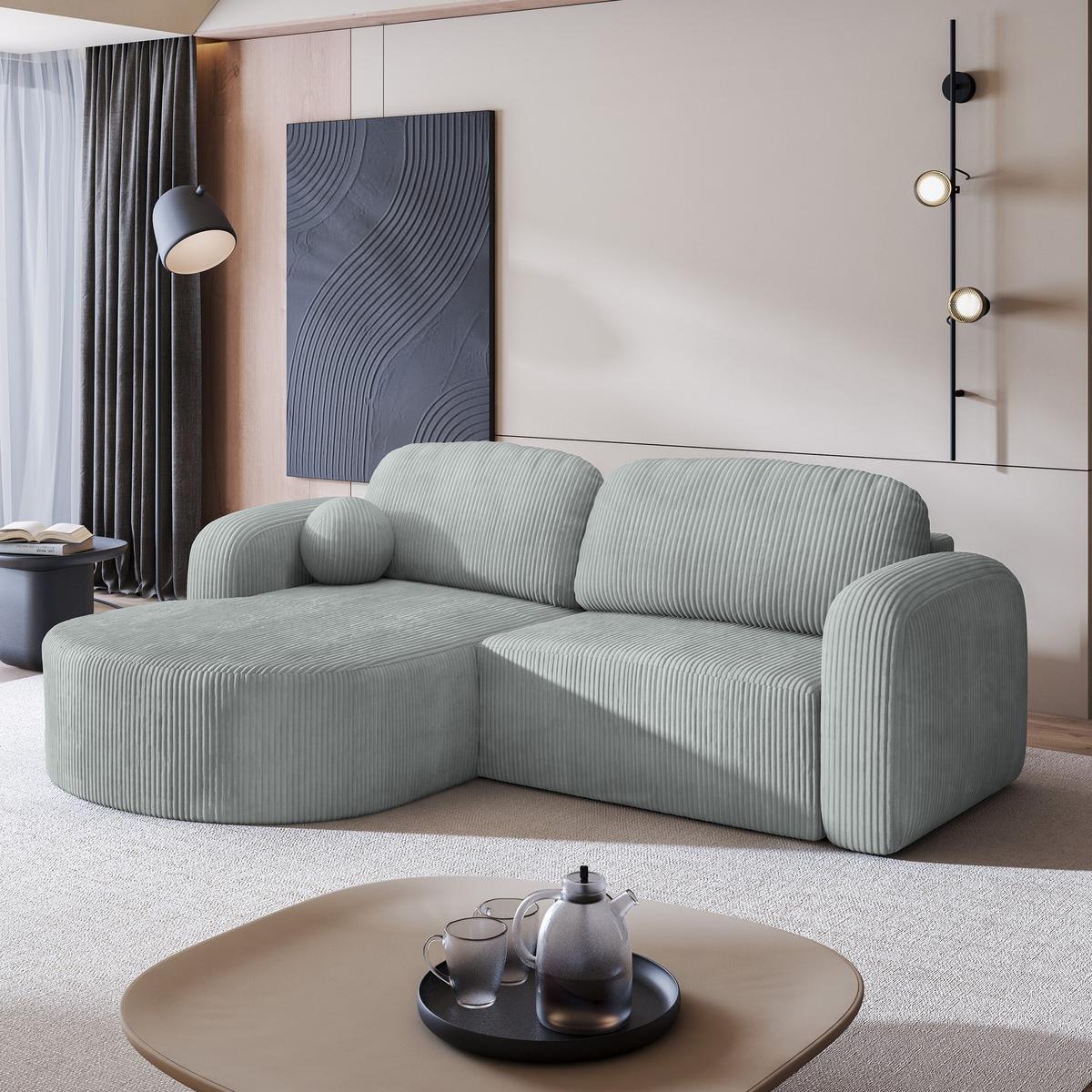 ECKSOFA AMILIA P L-S Hellgrau Kordstoff mit Schlaffunktion - Hellgrau, Holz (263/174cm) - MASSENO