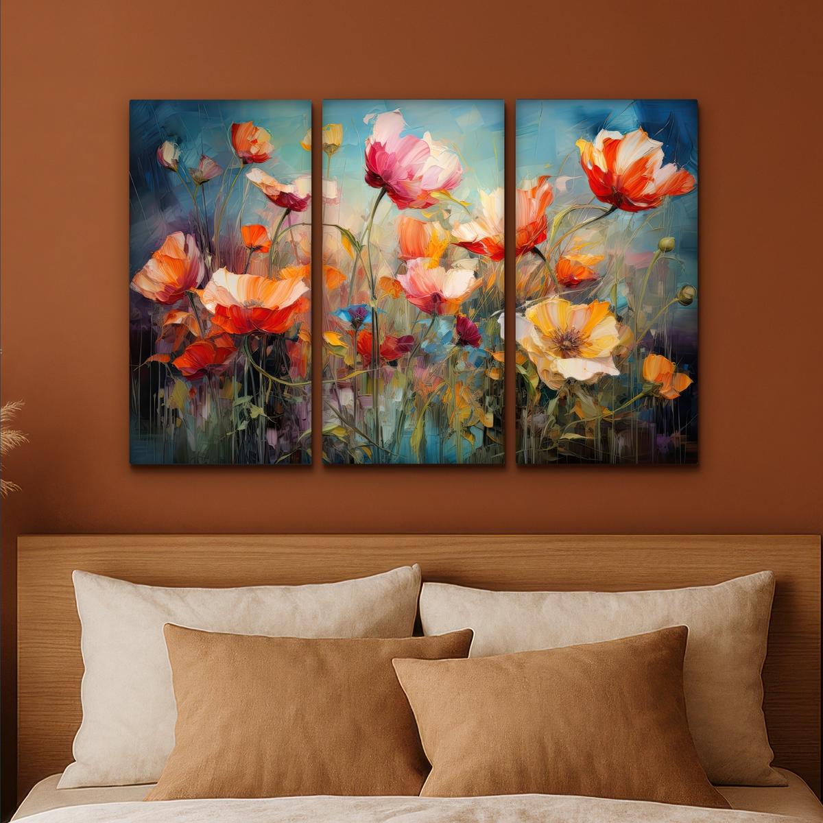 LEINWANDBILD 3er Set Blumen - Bunt - Abstrakt 90x60 cm - Blaugrau, Textil (90/60cm) - MuchoWow