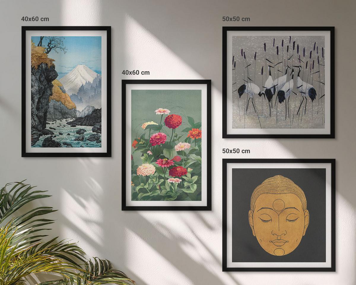 BILDER SET 4er Set - 50x50 cm & 40x60 cm Schwarzer Rahmen - Japanische Natur und Japandi-Stil - Schwarz, Kunststoff (50/50cm) - TULUP