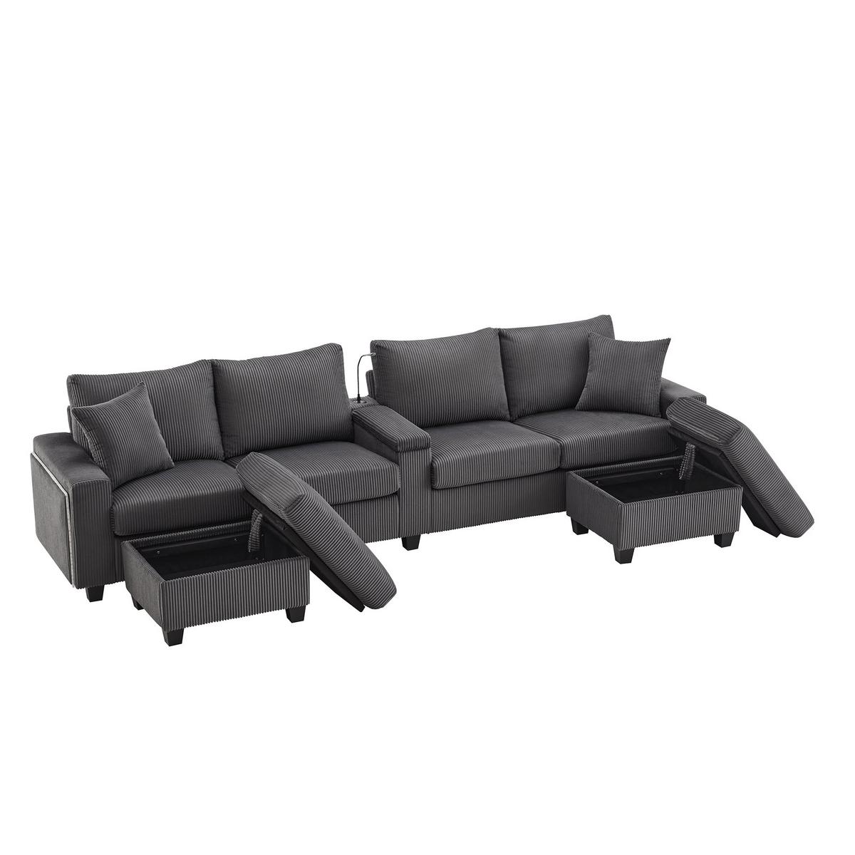 ECKSOFA aus Cord in Grau mit LED-Beleuchtung & smarten USB-Anschlüssen - Grau, Textil (128.5/334cm) - Urban Meuble