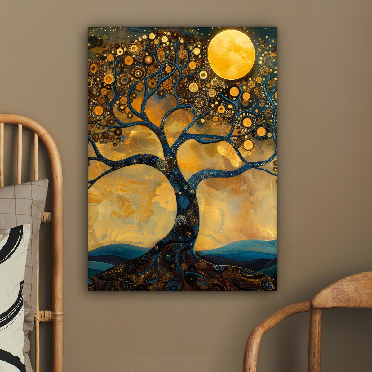 LEINWANDBILD Baum - Mond - Blumen - Gold - Kunst Wandbild Wohnzimmer 60x80 cm - Orange, Textil (60/80cm) - MuchoWow