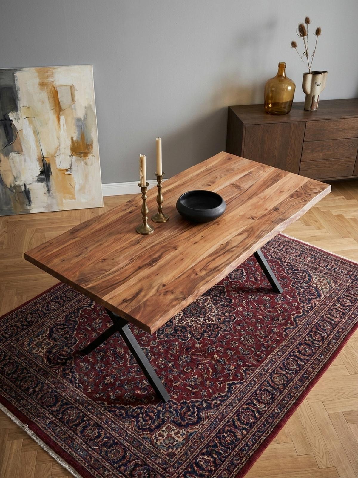 ESSTISCH Massivholz Metall X-Gestell Baumkante Industrial KRETA, Goldbraun-Schwarz 120x60x76 cm - Schwarz/Braun, Holz/Metall (60/120/76cm) - KADIMA DESIGN