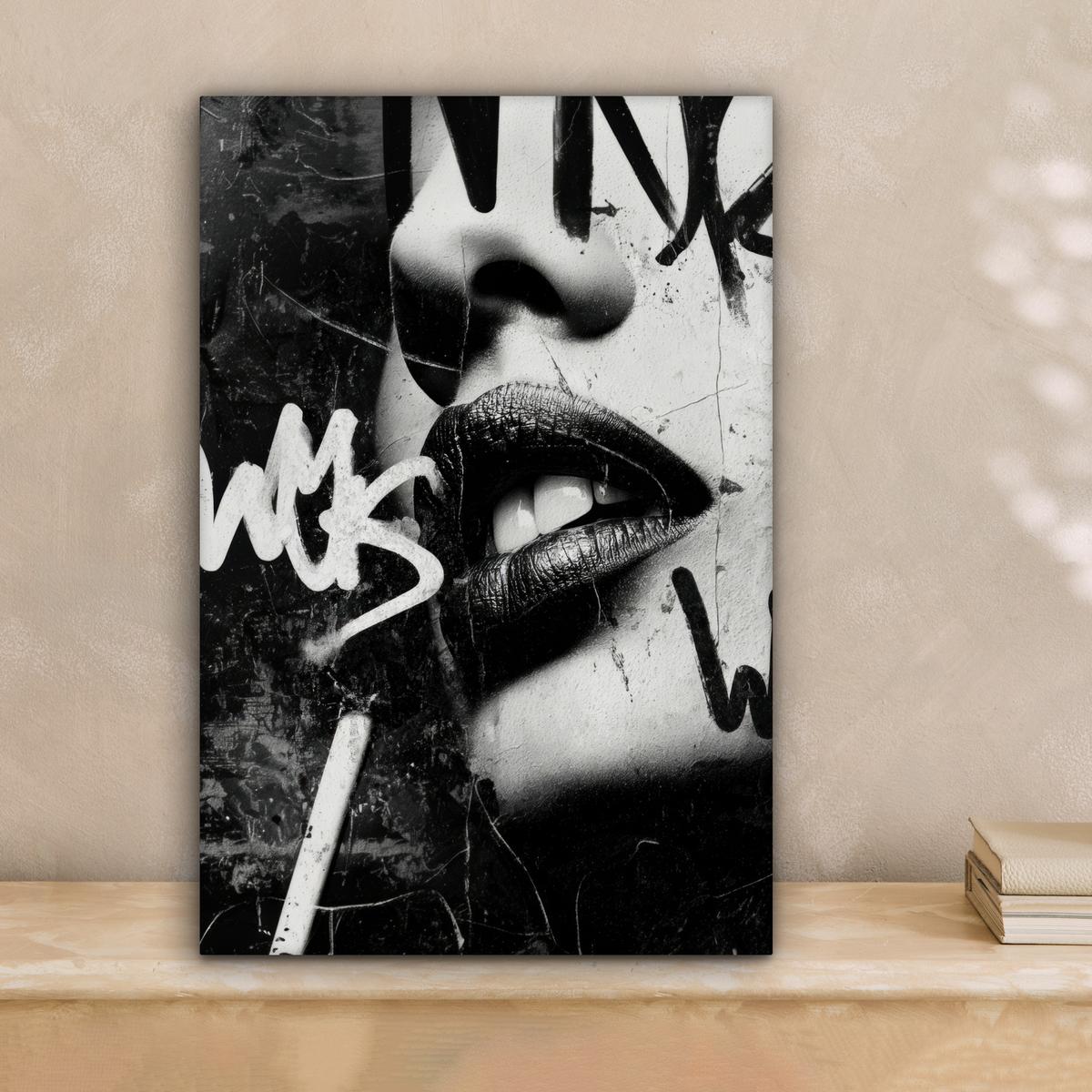 LEINWANDBILD Gesicht - Mund - Graffiti - Schwarz Deko Wohnzimmer 20x30 cm - Schwarz, Textil (20/30cm) - MuchoWow