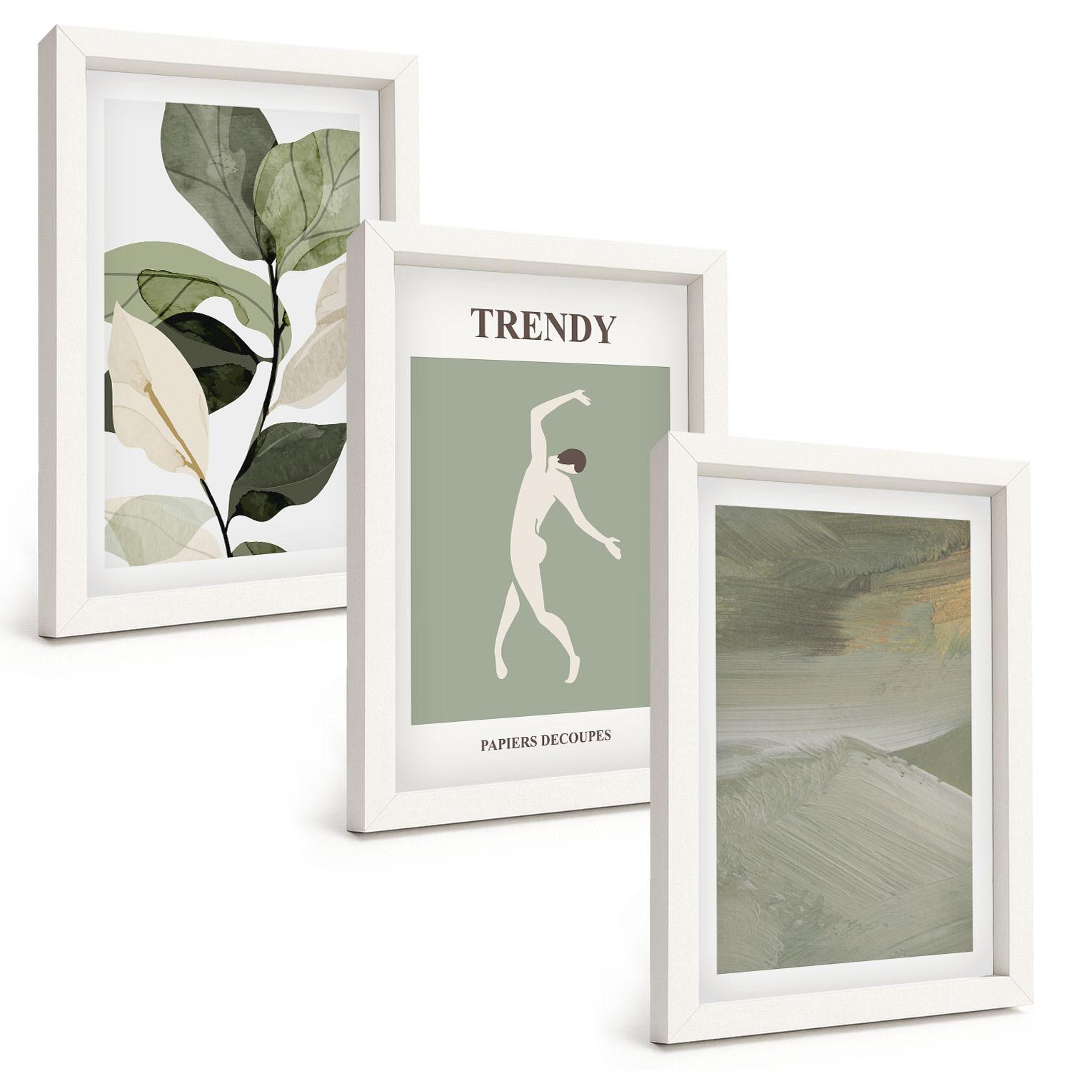 BILDER SET 3er Set - 20x30 cm Weißer Rahmen - Abstrakte Pflanzensilhouettenmuster - Weiß, Kunststoff (20/30cm) - TULUP