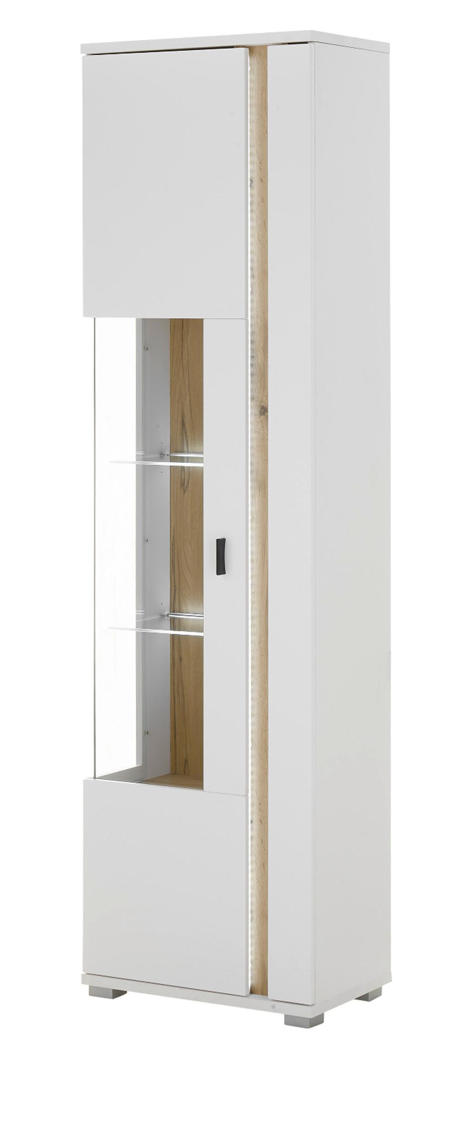 VITRINE weiß matt, Eiche Wotan 55 x 200 cm, Vitrinenschrank inklusive Frontbeleuchtung - Eiche Wotan/Silberfarben, Glas/Holzwerkstoff (55/200/35cm) - Furn.Design