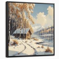 LEINWAND Bilder mit Rahmen - Winter - Schnee - Zuhause - Natur - 50x50 - Hellbraun, Textil (50/50cm) - MuchoWow