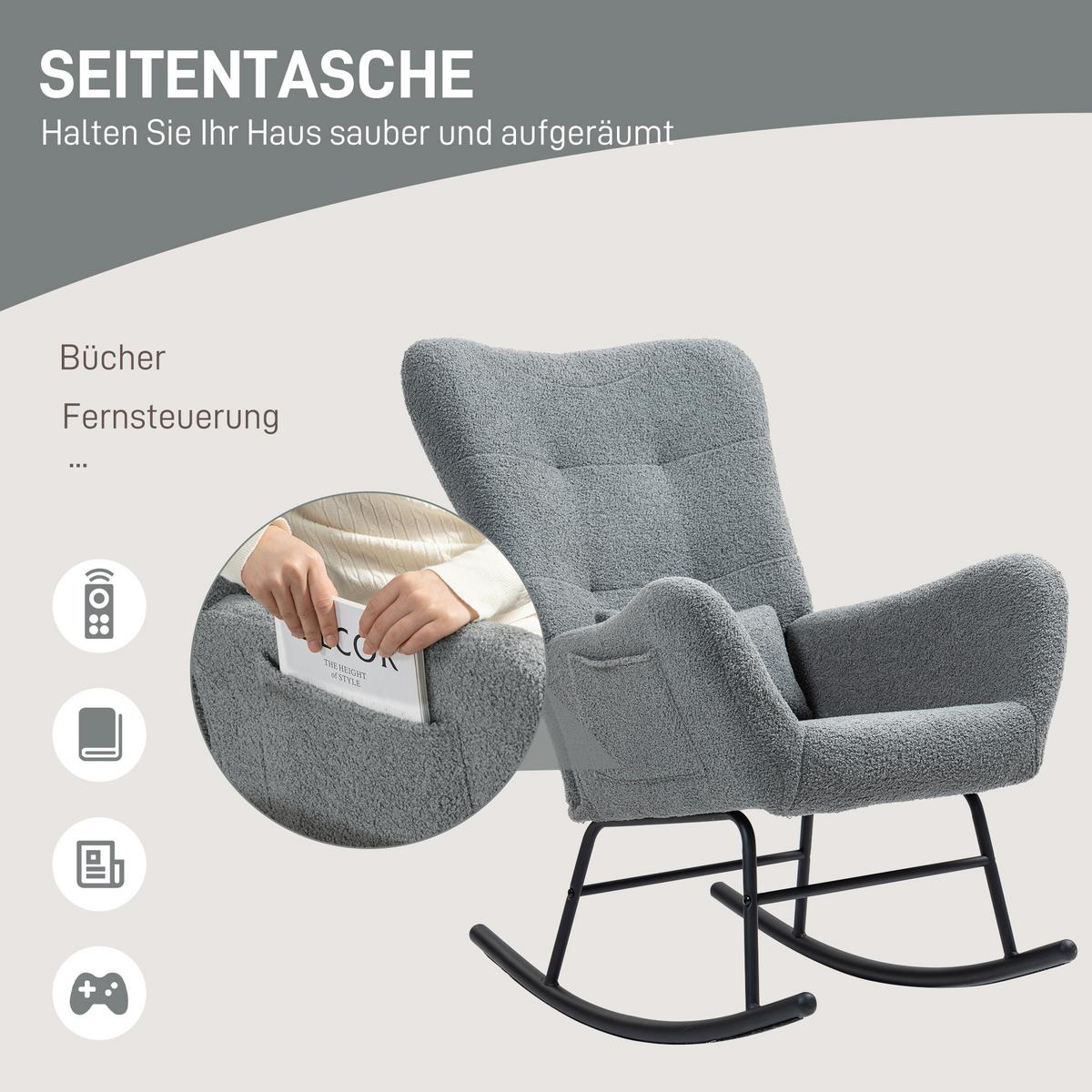 SCHAUKELSTUHL, Schaukelsessel mit Teddystoff-Optik, Armlehne, Seitentasche Grau - Schwarz/Grau, Textil/Metall (71/97/91cm) - HOMCOM
