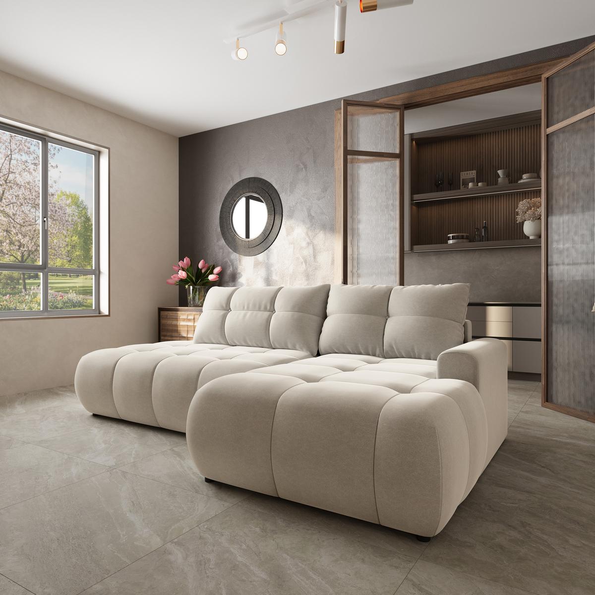 ECKSOFA FLUMA CL R-S Creme Samtstoff mit Schlaffunktion - Creme, Holzwerkstoff/Textil (279/158cm) - MASSENO